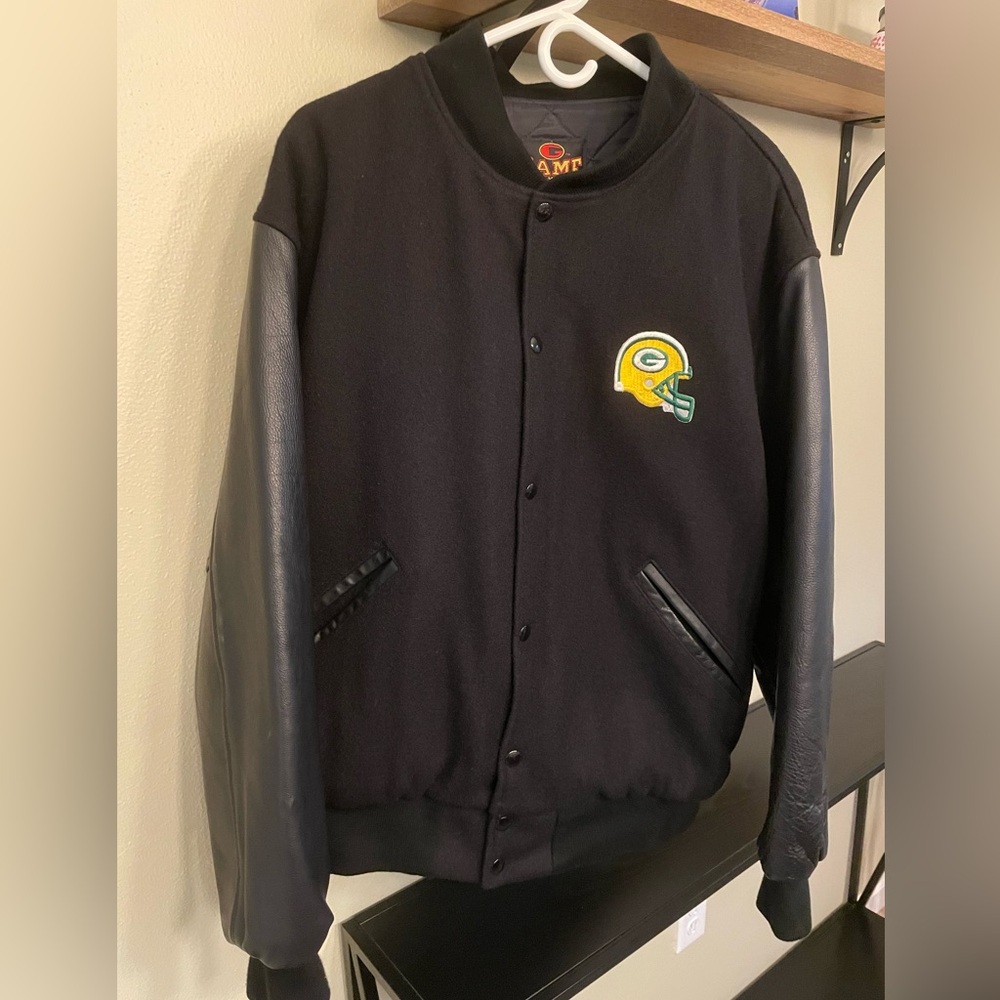 Vintage Men’s Game Leather & Wool Green Bay Packers Jacket Heavy Size XL Black